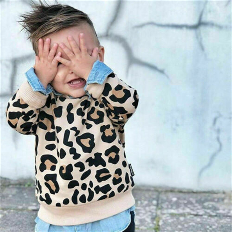 1-7 Years Kids Baby Girls Sweatshirts Long Sleeve Leopard Print Pullover Autumn Warm Kids Boys Clothes Active Sports Girls Tops