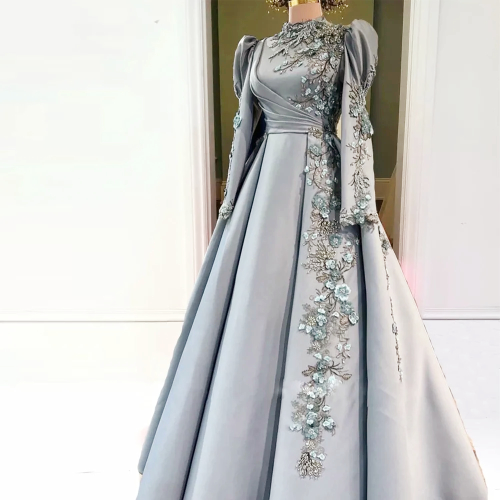 Arabic Muslim Pleats A-Line Evening Dresses Beads 3D Floral Appliques Dubai Satin Elegant High Collar Floor Length Formal Party Gown Reception Prom En