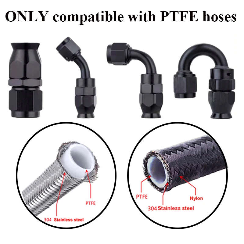2Pcs AN3 AN4 AN6 AN8 AN10 Straight 0 45 90 180 Degree Reusable Hose End Fitting Adapter For Swivel PTFE Oil Fuel Line Universal