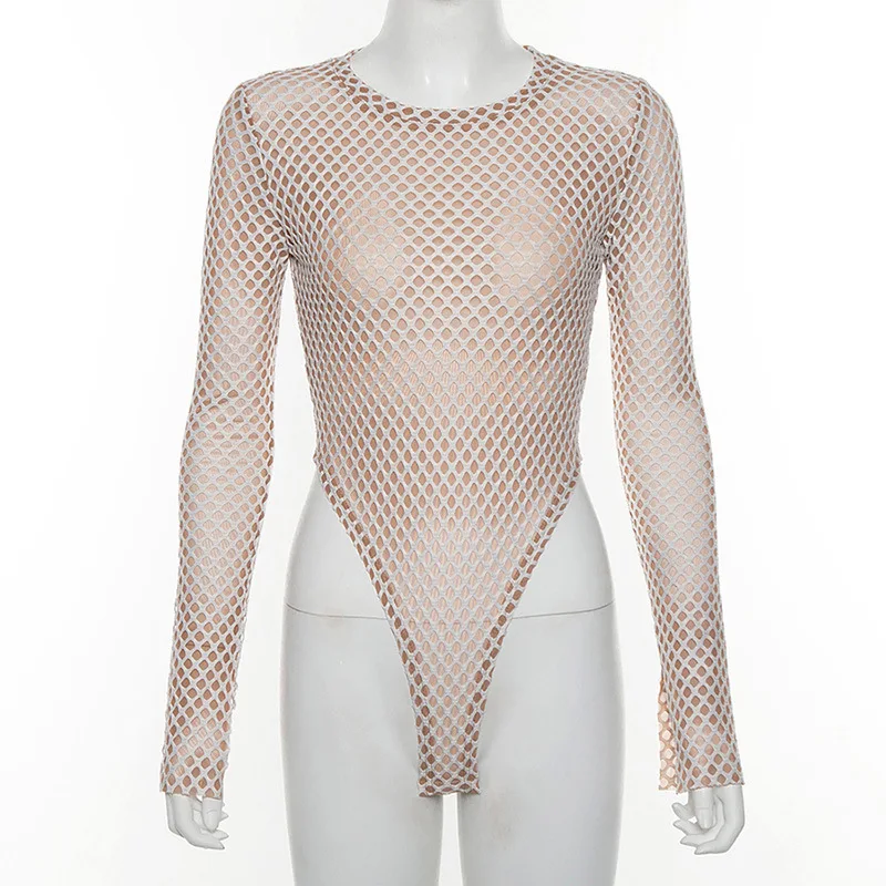 Bangniweigou fishnet mesh rompers women slit long sleeve semi-transparent bodysuit short jumpsuit overalls autumn winter