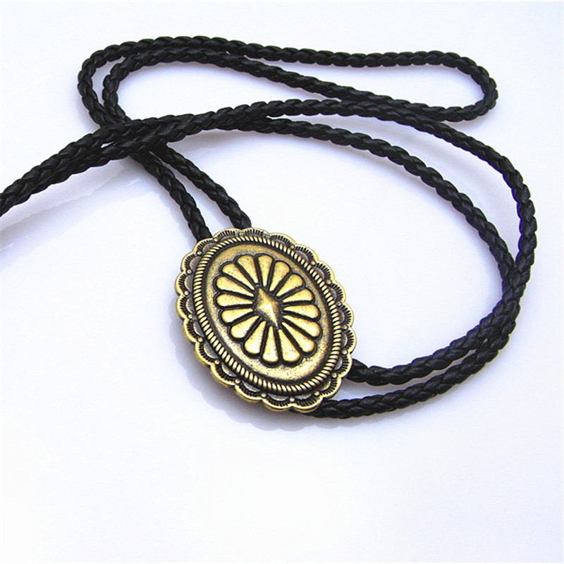 Bolo tie New Retro Shirt Chain Oval Shield Poro Collar Leather Necklace Long tie Pendant