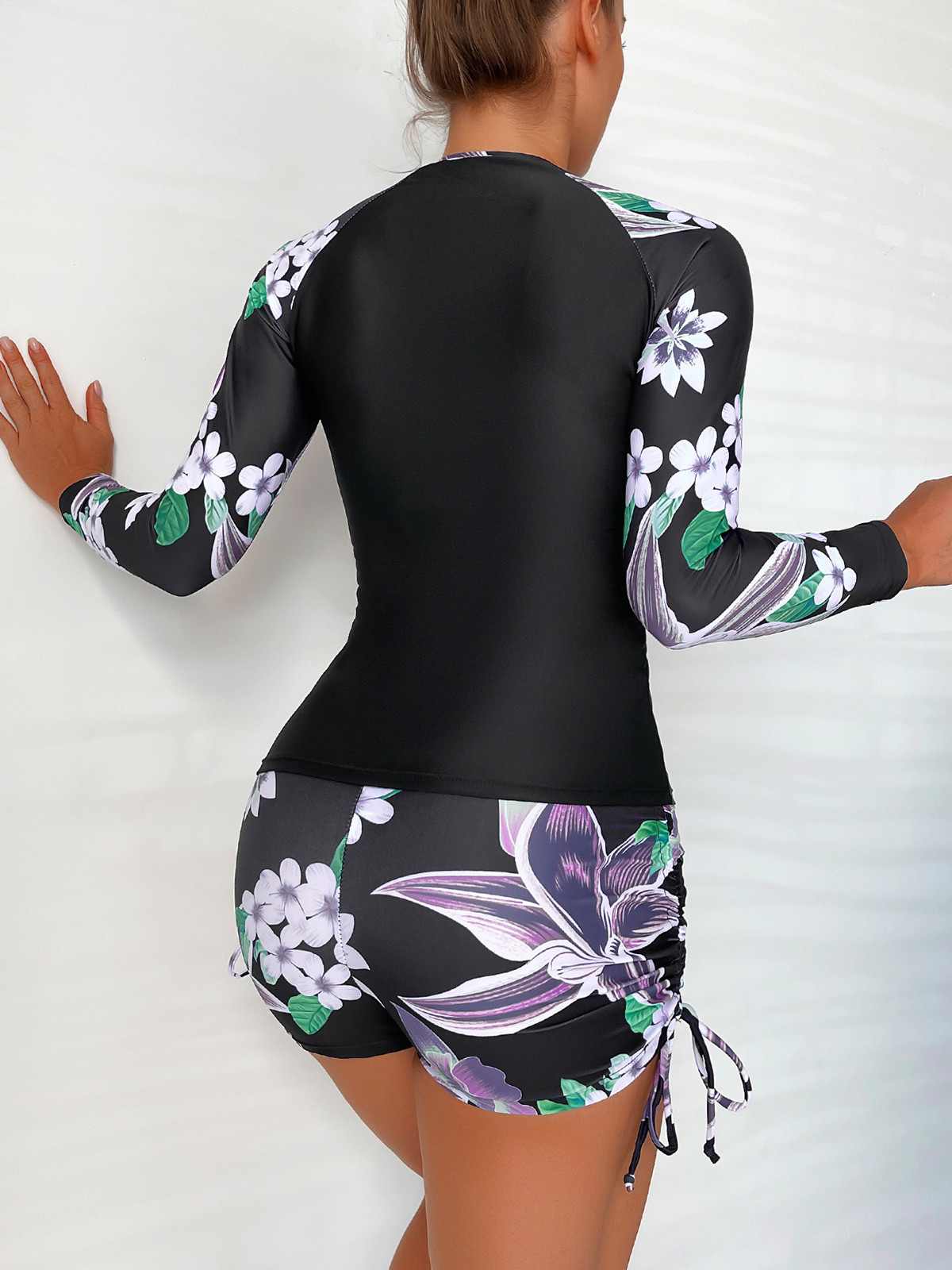 Surfsuit Long Sleeve Two Pieces Swimsuit Women 2023 Swimwear With Shorts Drawstring Female Rash Guards Beachwear Bathing Suit