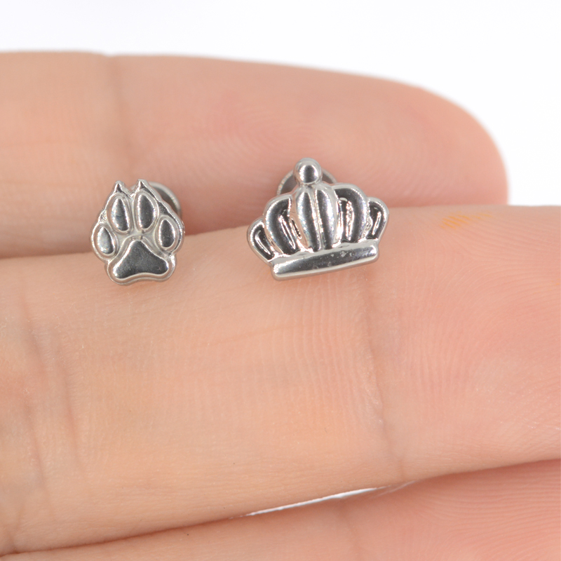 1Pcs F136 Titanium Crown Lip Labret Paw Ear Studs Earrings For Women/Men 6/8mm Tragus Cartilage Piercing Jewelry