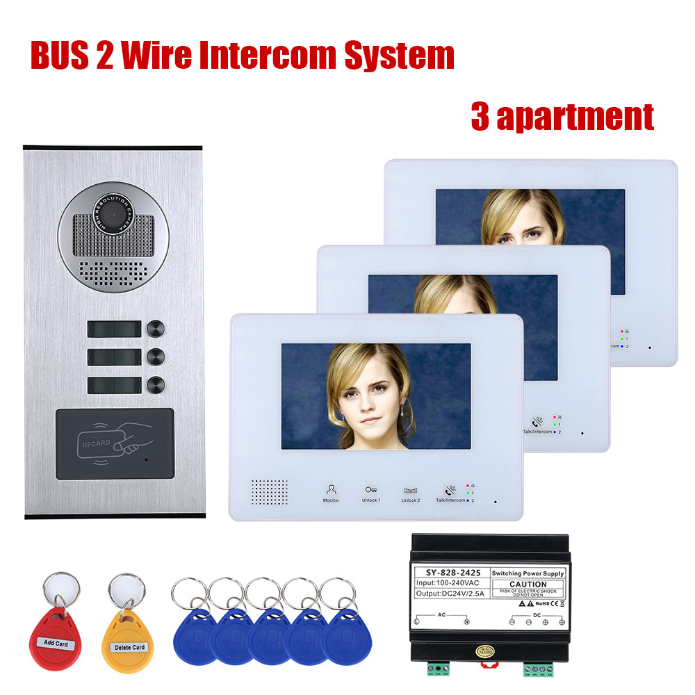 7 Inch BUS 2 Wire Video Door Phone Intercom systems Kit for home 2/3/4/5/6 Units Apartment Night Vision