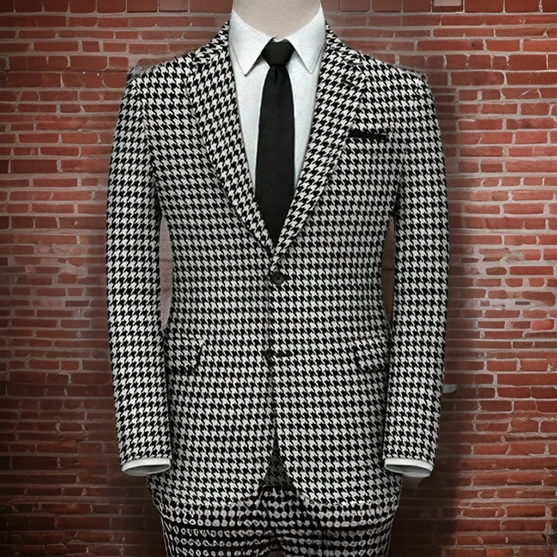 Plaid Blazer for Men 1 PCS Suit Jacket with Side Slit Slim Fit Houndstooth Checked Casual Coat 240626