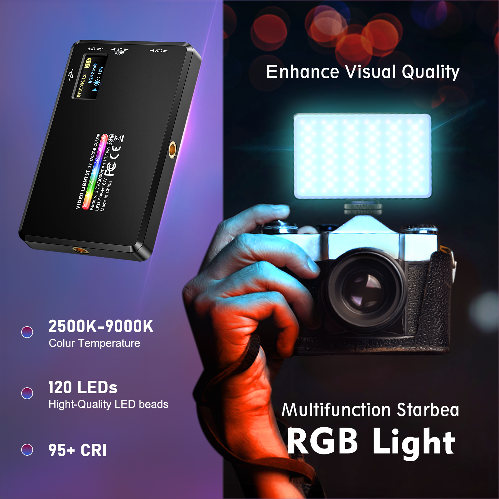 120 RGB LED Video Light 5 Inch Video Light Dimmable 2500 K-9000 K Camera Light with Cold Shoe Mount Built-in 3100 mAh Battery