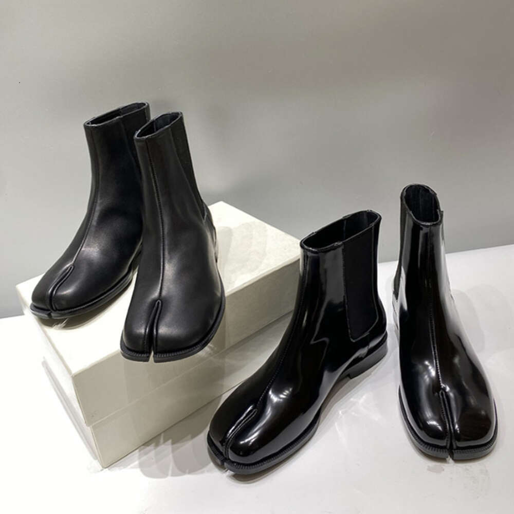 New Unisex Split Toe Black Men Real Ankle Boots Tabi Shoes Women Cow Leather Botas Mujer
