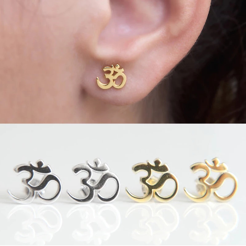 100% 925 Sterling Silver Earring Stud OM Ohm Sign Jewelry YOGA Earrings For Elegance Girl Gold Color Simple Delicate Earring