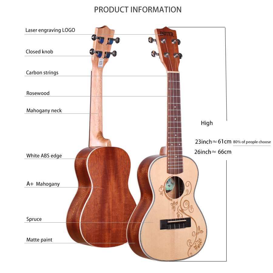 INITER flower 23/26inch concert/tenor Ukulele High quality spruce Ukelele with FREE Accessory