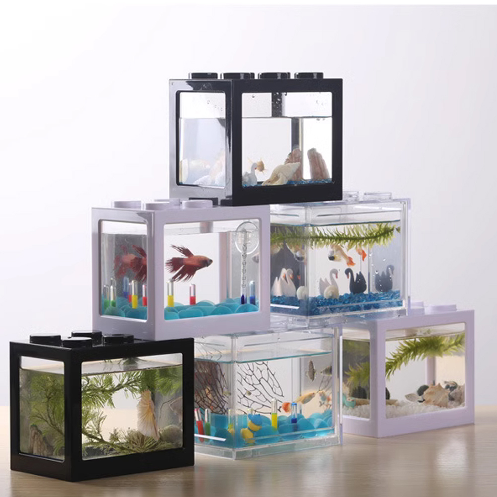 Multicolor Stackable Aquarium Tank with Air Vent Box Accessories Mini Building Blocks Betta Fish Tank LED Light Small Pet Cage