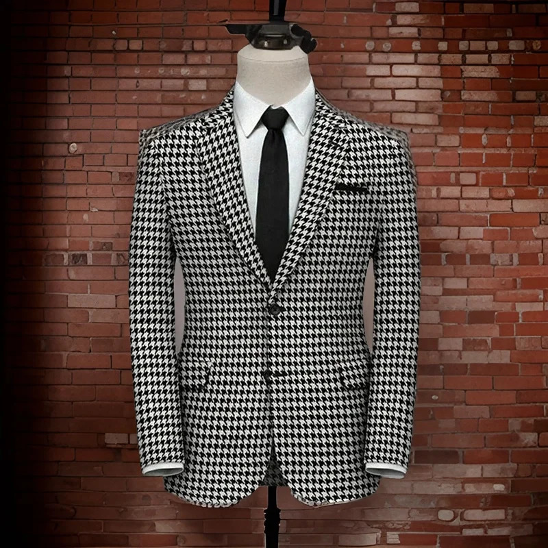 Plaid Blazer for Men 1 PCS Suit Jacket with Side Slit Slim Fit Houndstooth Checked Casual Coat 240626