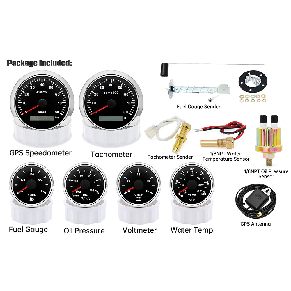HD 6 Gauge Set 85MM GPS Speedometer with Tachometer with Sensor + 52MM Water Temp Gauge Oil Pressure Fuel Level Meter Voltmeter