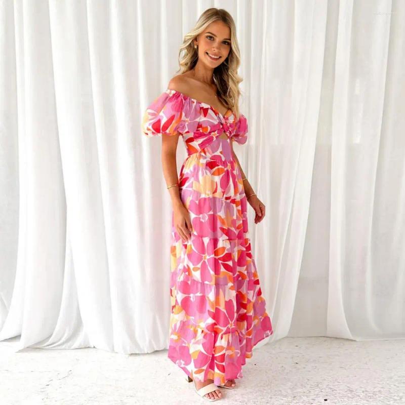 Casual Dresses V-neck Summer Dress Women All-over Print Colorful Bubble Sleeve Maxi With Off-shoulder Design Pleated Hem