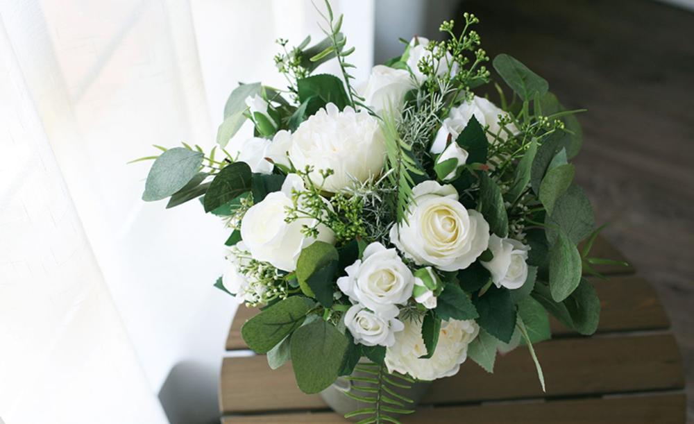 JaneVini Vintage White Green Bridal Silk Bouquet Bloemen Bruiloft Aftificial Wedding Flowers Boho Bridesmaid Flower Bouquet 2019