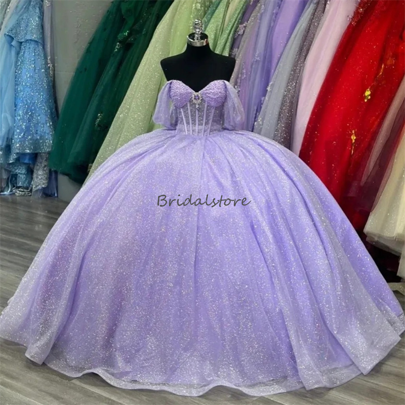 Glitter Lilac Quinceanera Dresses 2024 Charro Off Shoulder Vestidos De 15 Anos Quinceanera Corset Birthday Fifteen Party Gowns Big Bow Back Vestidos D