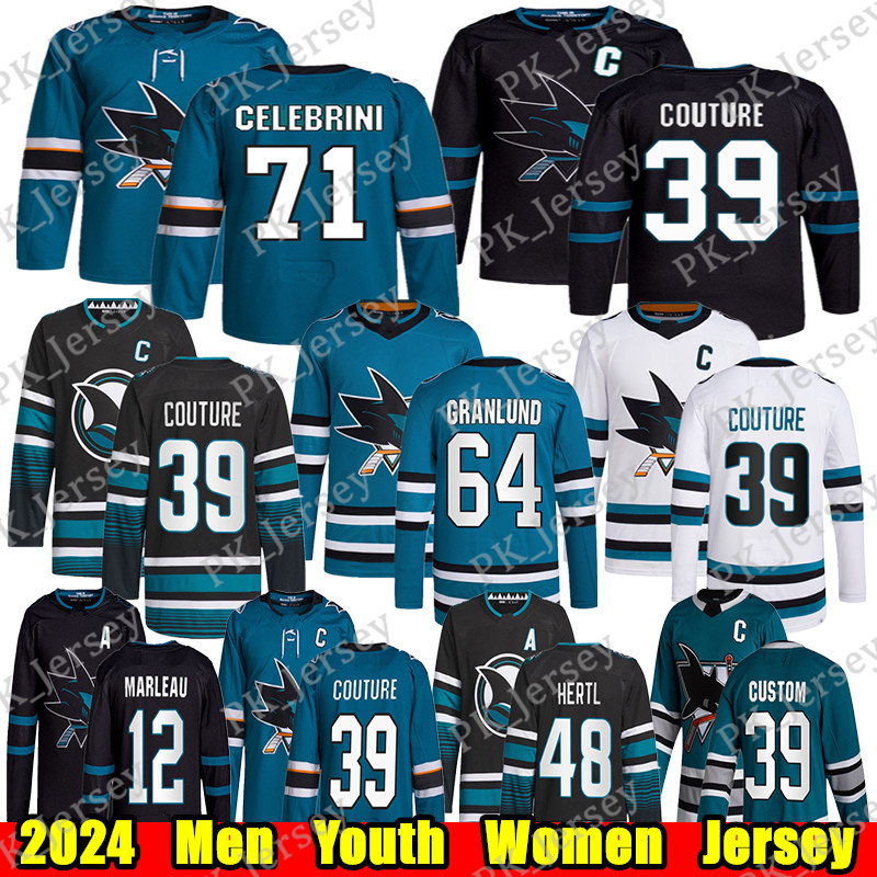#71 k Celebrini hockey jersey #39 Logan Couture Nico Sturm Brent Burns kenzie Blackwood Jacob donald Granlund Calen Addison Patrick Marleau jerseys