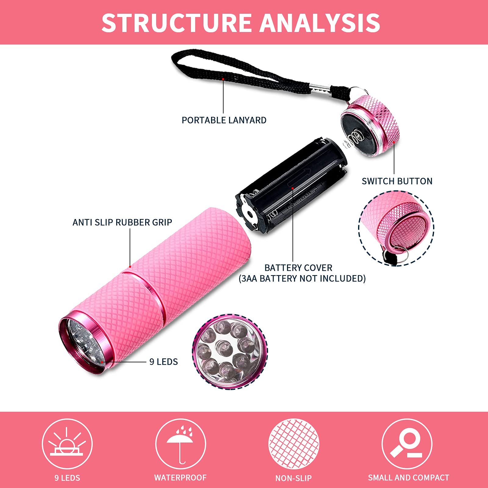 LED Flashlight UV Lamp Nail Art Dryer Small Glow Flashlights with 9 LED Lights, Portable Light Nail Dryer for Nail Gel Dryer