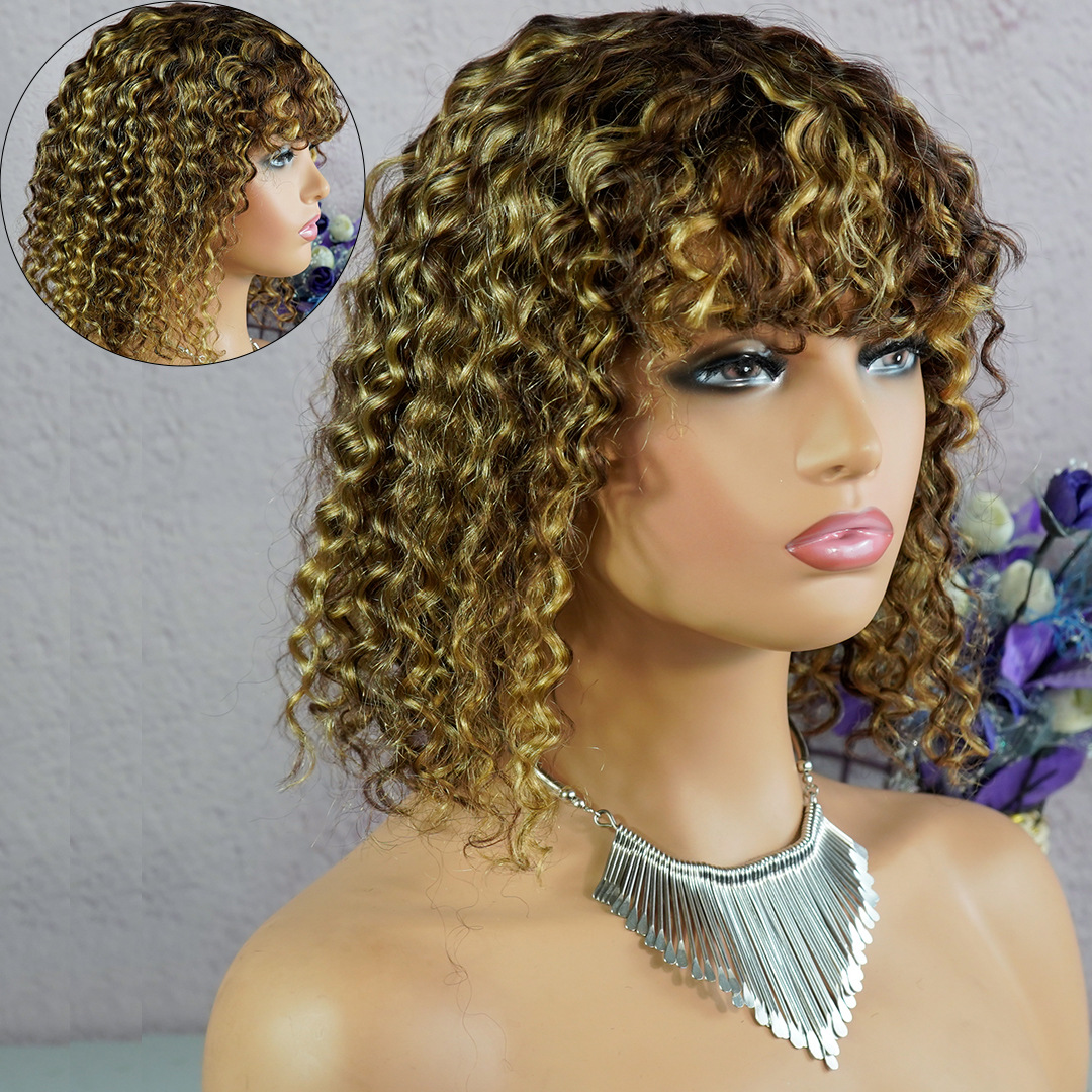 Jerry Curly Human Hair Wigs with Bangs None Full Lace Frontal Wigs Burgundy Piano color Colored Wigs for Women Short Bob Wig