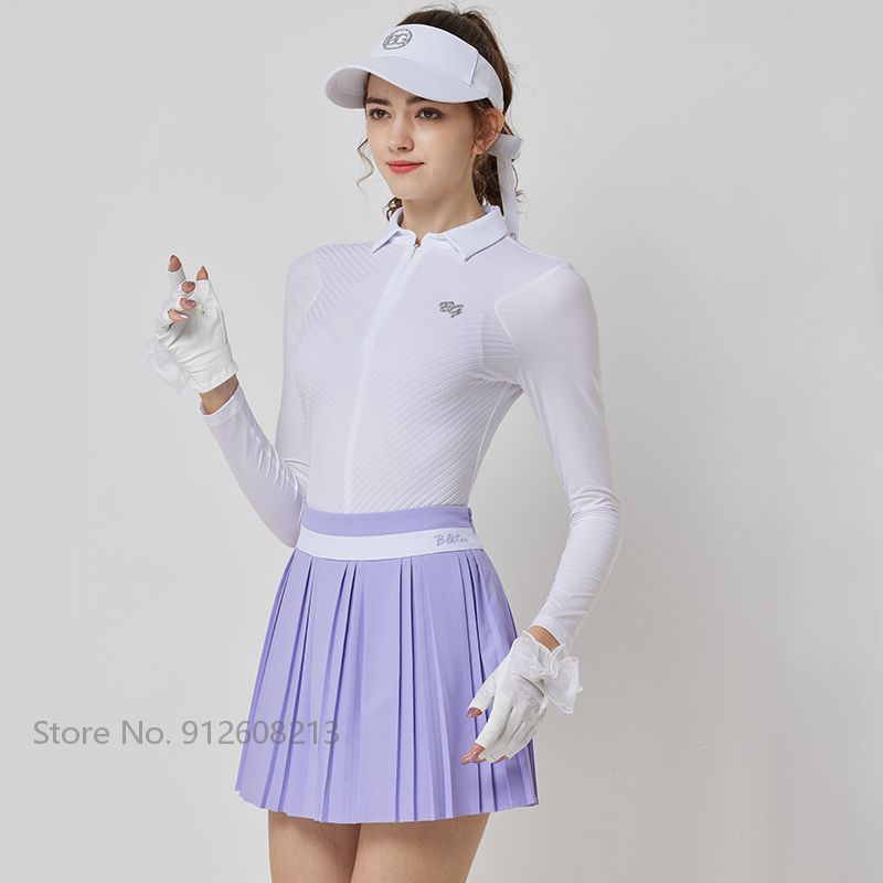 Blktee Summer Lady Long Sleeve Sunscreen Golf Shirt Ice Silk Tops Zipper Collar T-Shirt Women Pleated Skirt High Waist Skort Set