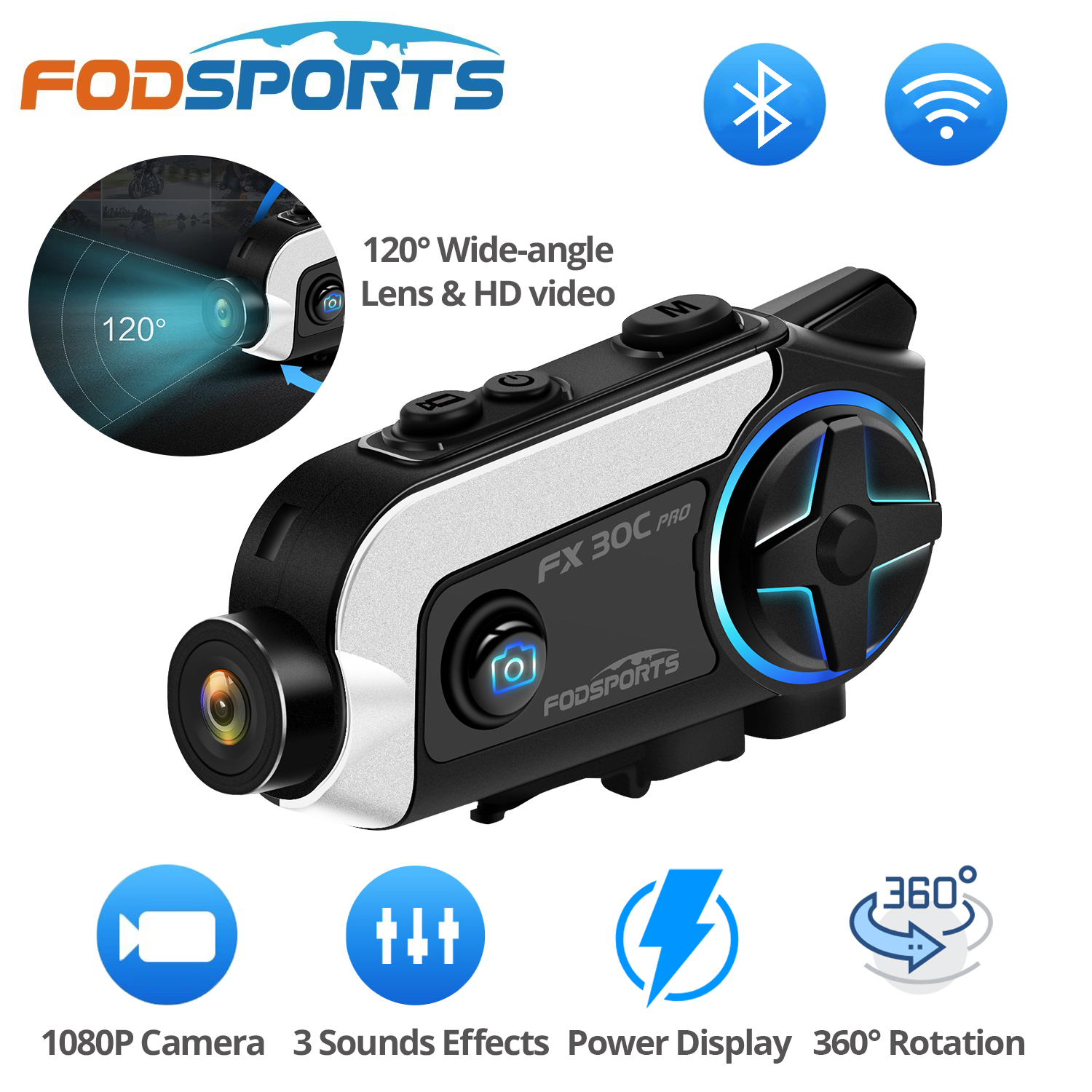 Fodsports FX30C Pro Motorcycle Intercom with Camera DVR Bluetooth Helmet Headset 2 Rider Music Share Video Record Moto Headphone