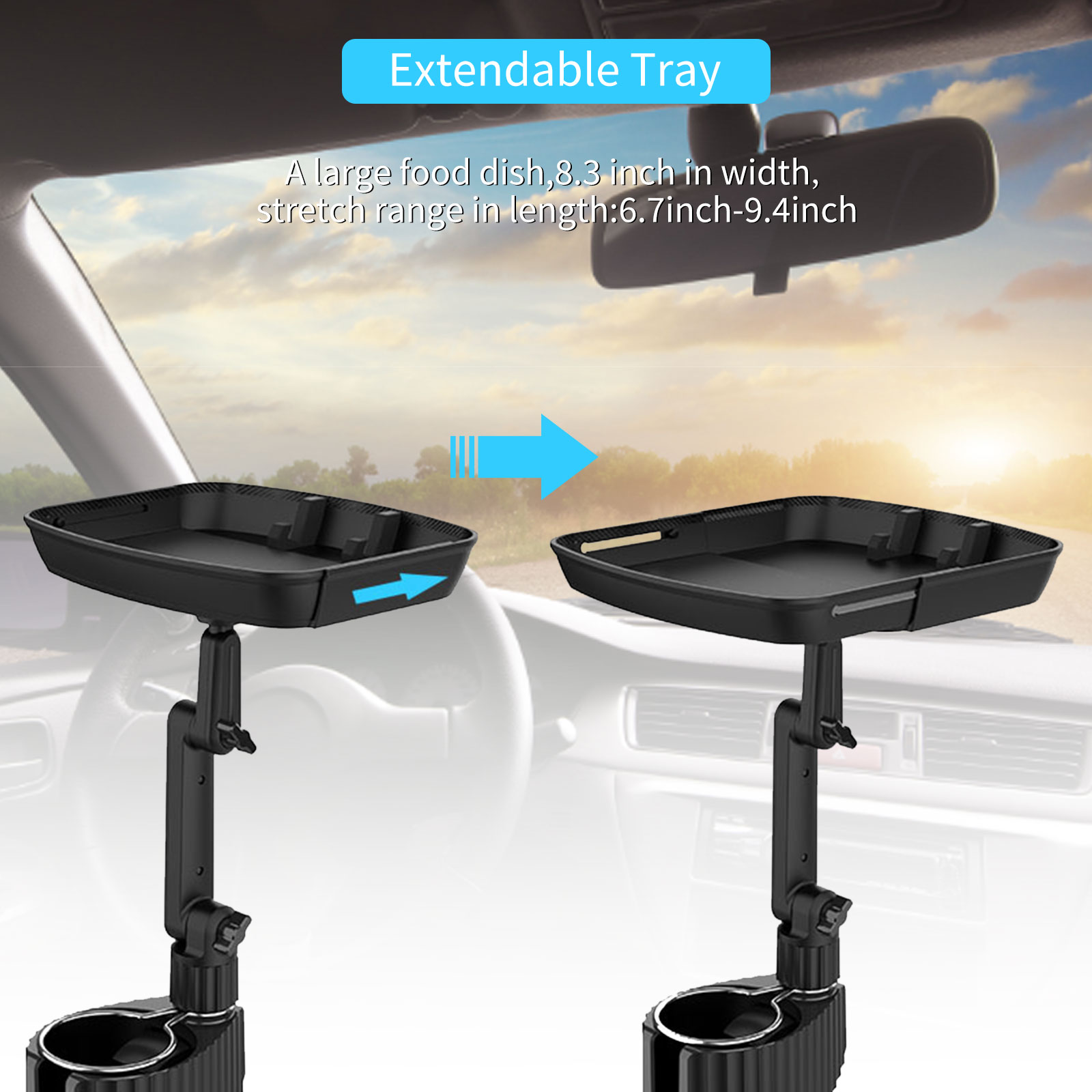 Food Square Swivel Tray - Convenient Vehicle Meals Organizer & Cup Holders