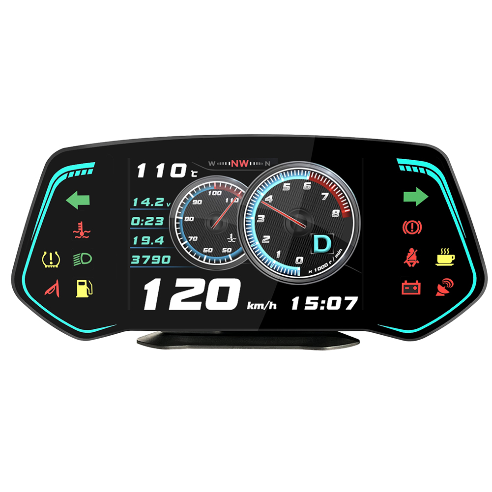 Car HUD OBD2+GPS HUD Gauge Speedometer Turbo RPM Alarm Temp Universal Fitment Integrates More Functions Black Color