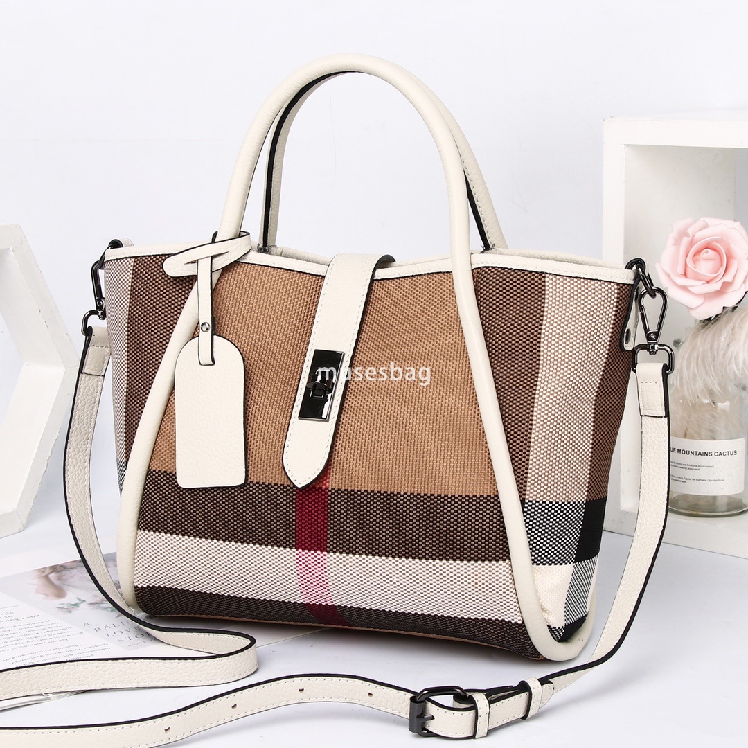 Crowdsourced design street trend contrasting color wing for women new and trendy carrying plaid canvas bag large capacity cowhide handbag 4449 4