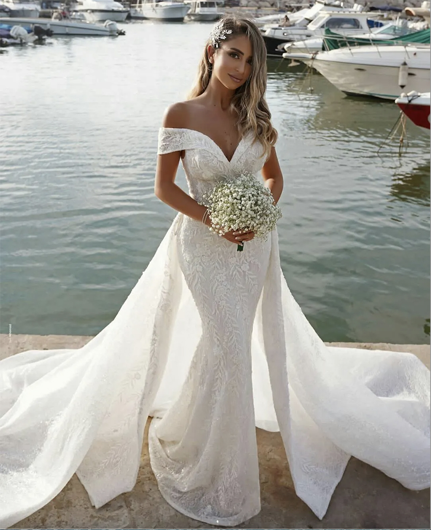 Spring Mermaid Wedding Dress With Detachable Train Off Shoulder Lace Appliques Bridal Gowns robes de mariee Bride Dresses