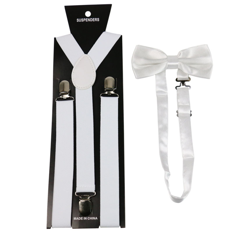2019 New High Quality 2.5cm Wide White Men Womens Suspenders Bow Tie Set Solid Elastic Suspenders And Bowtie Shirt Braces