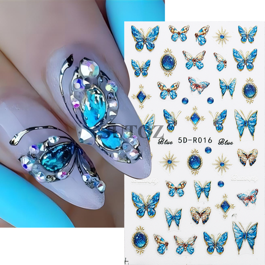 Aurora Butterfly Nail Stickers 5D Relief Color Glitter Butterfly Design Nail Art Decals Watercolor Butterflies Manicure 5D-R018