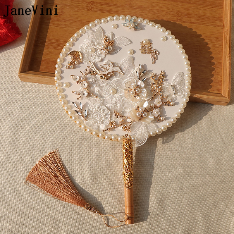JaneVini Luxury Pearls Chinese Style Bridal Fan Wedding Bouquet Handmade White Lace Flowers Gold Floral Classic Bride Hand Fan