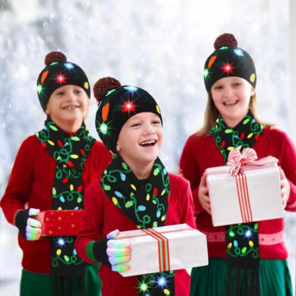 Colorful Led Winter Cap Vibrant Led Christmas Hat Scarf Set Snowflake Santa Elk Print Festive Tassel Beanie For Unisex