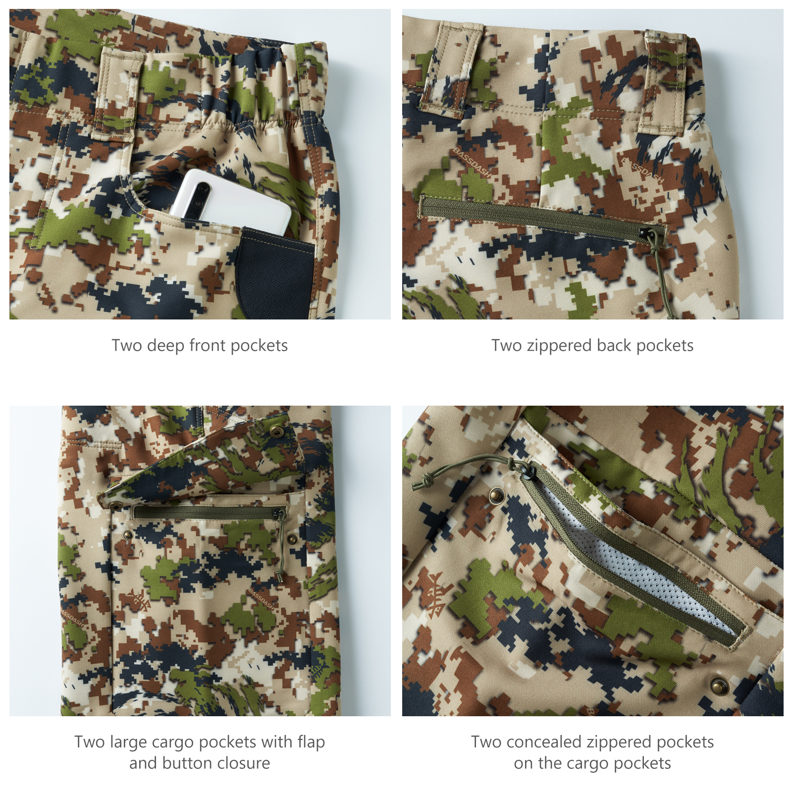 Bassdash Men Stretch Waterproof Hunting Pants Water Resistant Camo Fishing Trousers Camouflage With Zippered Pockets