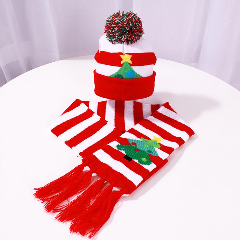 1 Set Hat Scarf Set LED Christmas Cap Snowflake Santa Elk Christmas Tree Print Bright Color Matching Unisex New Year Festive Tas