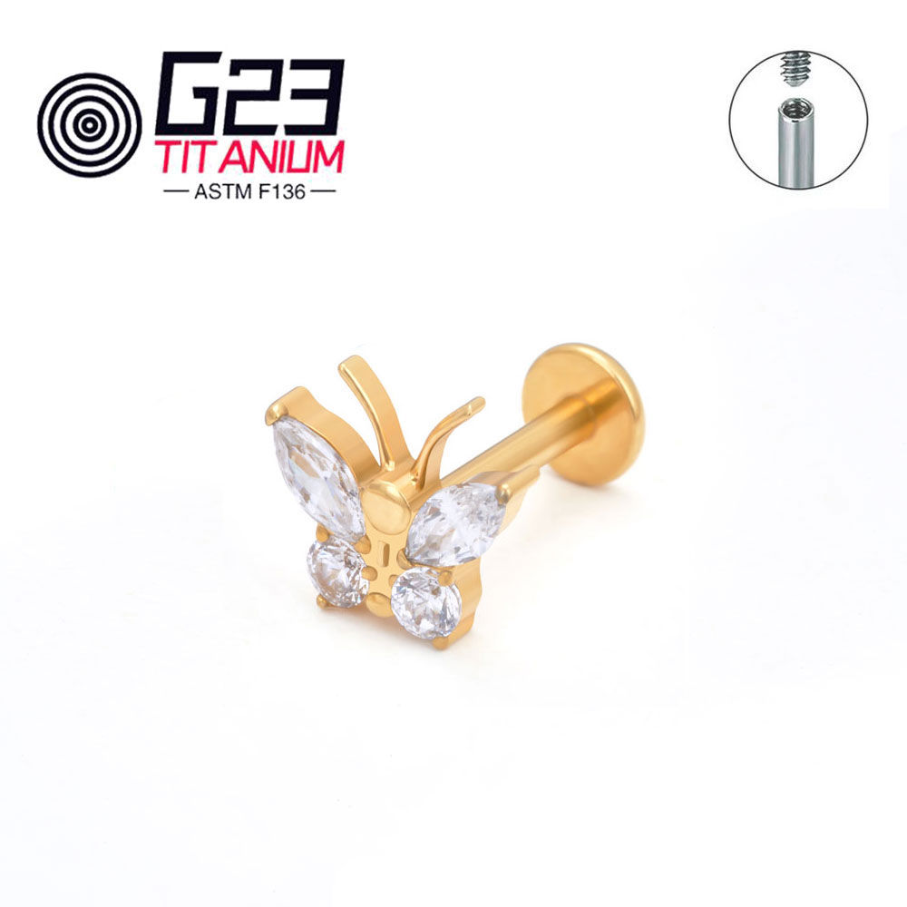 Newest Butterfly G23 ASTM F136 Titanium CZ Insect Stud Earring Labret Monroe Cartilage Helix Tragus Conch Flat body Piercing