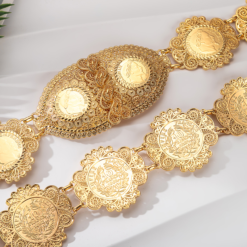fatima Moroccan Style Gold Color Belt Coin Waist Chain Algeria Wedding Crystal Tassel Necklace Senior Sense Women's