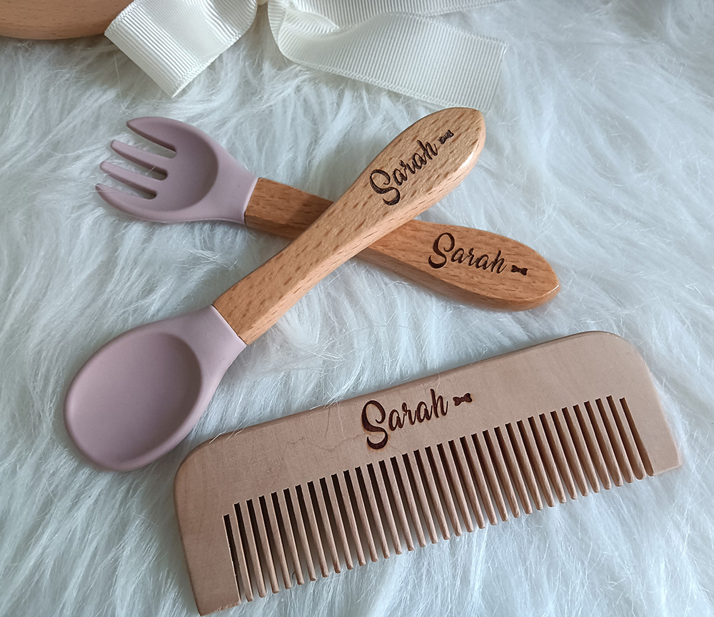 Custom Name Baby Care Hair Brush, Silicone Spoon, Feeding Supplies, Newborn Accessories, Teething Baby Shower, Guests Gift