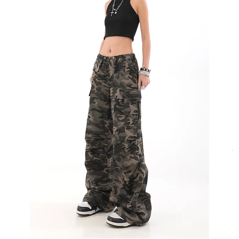 American Retro High Street Casual Overalls Camouflage Loose Wide Leg Pants For Women Y2k Hiphop Cargo Grunge Baggy Trousers 240626