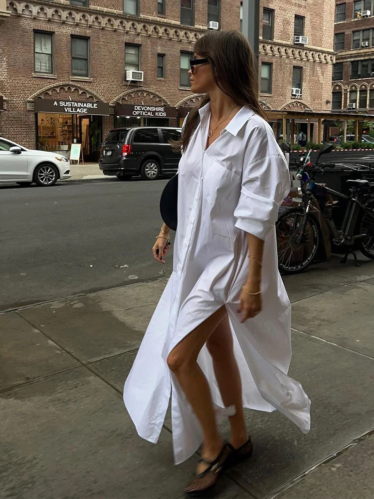 Lapel Single Breasted Split Shirt Maxi Dresse Long Sleeve Loose Clothes Robes Summer Streetwear Casual Femme Vestidos 240627