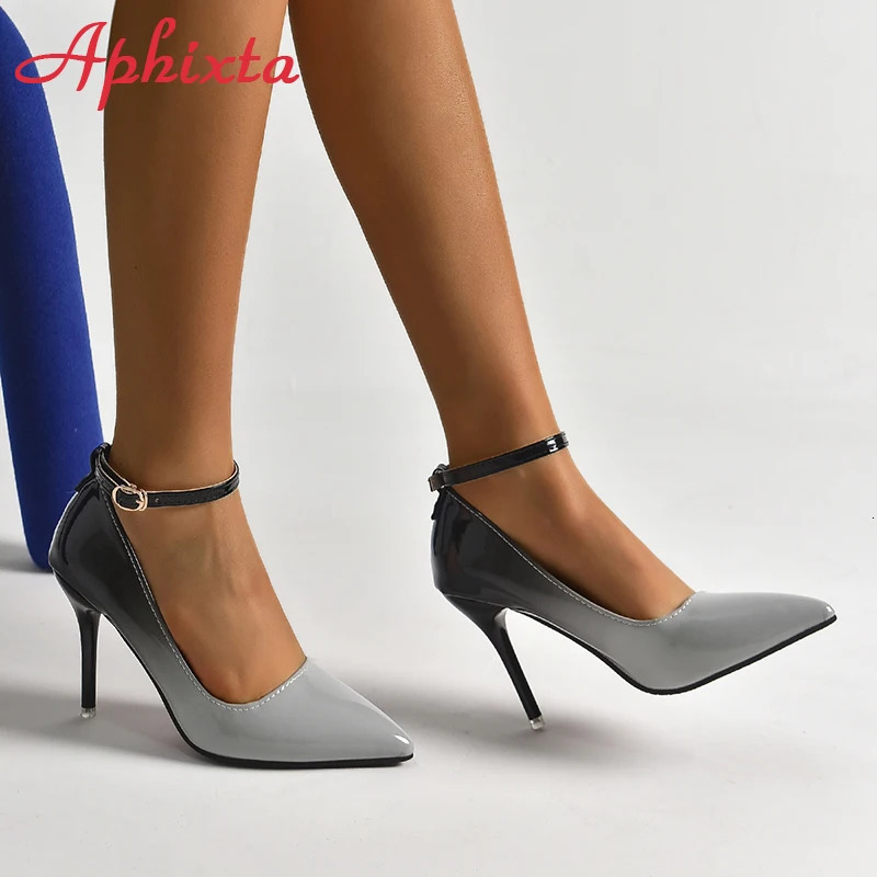 Aphixta 10cm Stiletto Heels Gradient Pumps Women Shoes Patent Leather Ankle Strap Super High Pointed Toe Super Big 48 49 50 240629