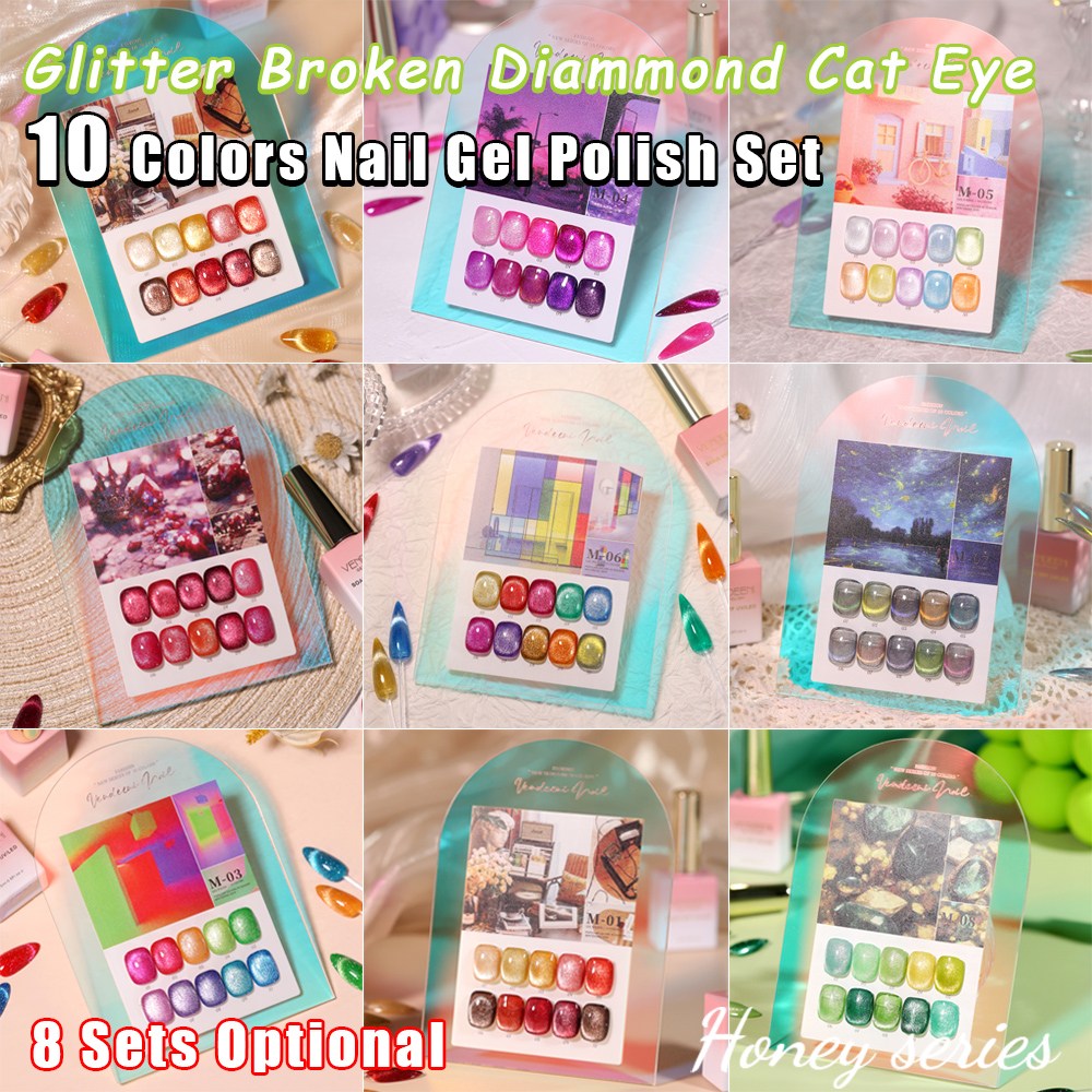 Vendeeni 10 Colors/Set Glitter Broken Diamond Cat Eye Gel Nail Polish Magnetic UV Soak Off Gel Varnish Colorful Shiny Gel Polish