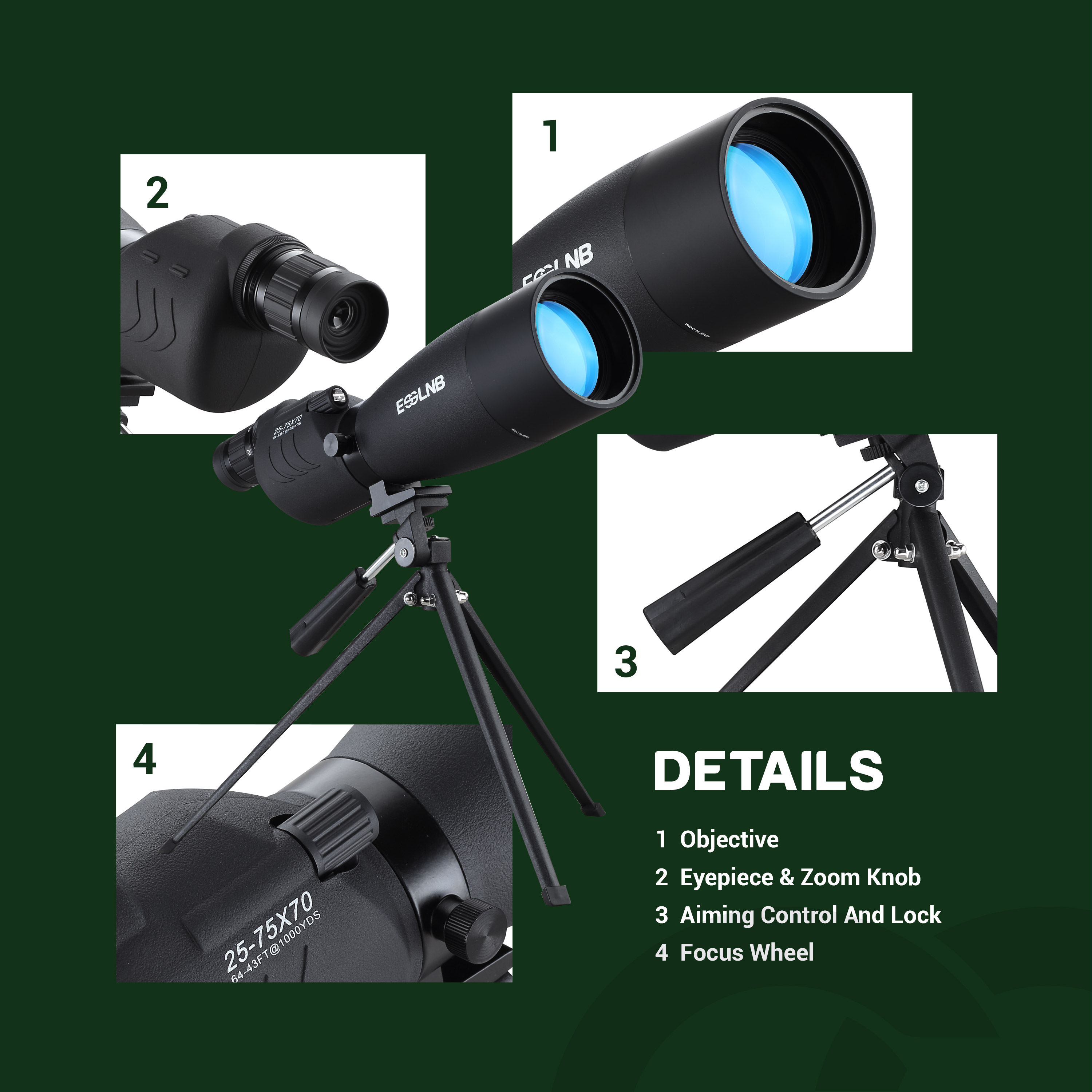 Spotting Scope with Tripod Cell Phone Adapter 25-75 X 70 BAK4 Target Scope Straight Eyepiece Waterproof Spotting Scopes