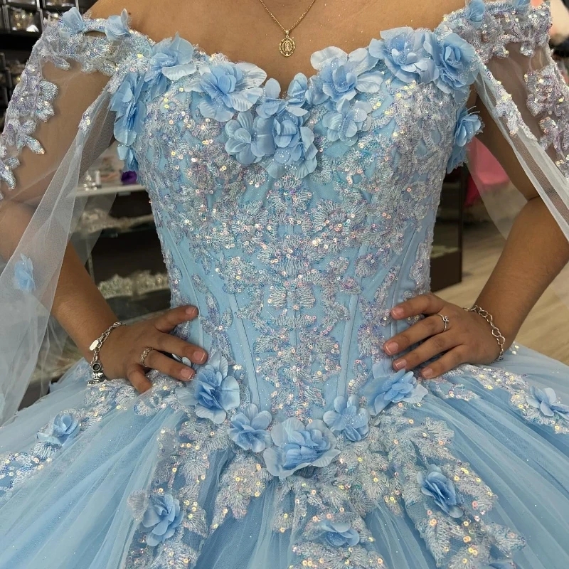 Mexico Sky Blue Off The Shoulder Ball Gown Quinceanera Dress For Girl Applique Beaded 3DFlowers Birthday Party Gowns Prom Dress