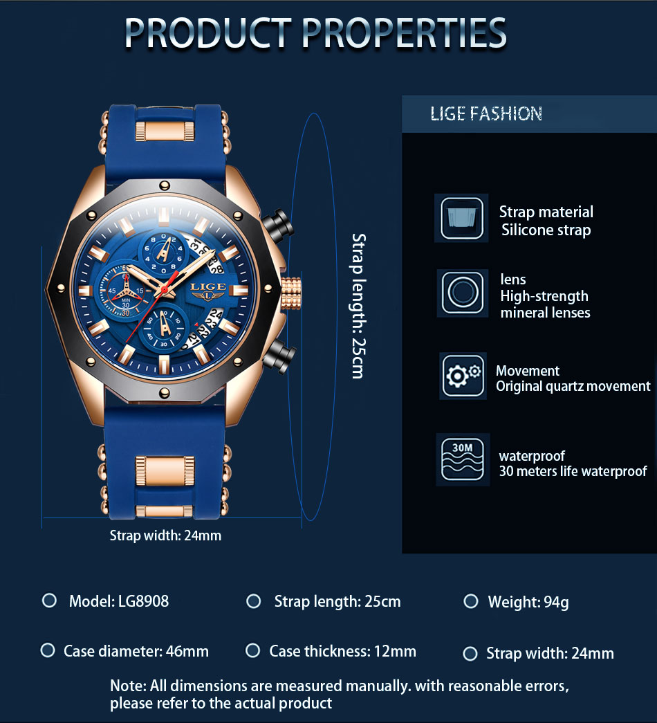 LIGE Mens Watches Brand Luxury Silicone Strap Waterproof Sport Quartz Watch Men Chronograph Military Clock Multi-function chronograph Multi-function s