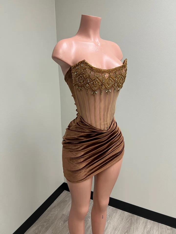 Sexy Sheer Brown Short Prom Dresses For Black Girls Crystals See Through African American Cocktail Dresses Birthday Party Homecoming Gowns