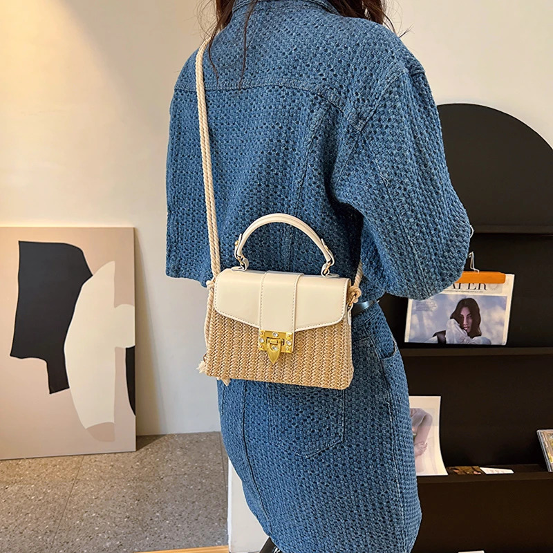 PU Straw Splicing Square Hand Hasp Rope High Quality Shoulder and Crossbody Bags for Women 2024 Casual Hot Sale Summer H6.29#36 ddmymoon