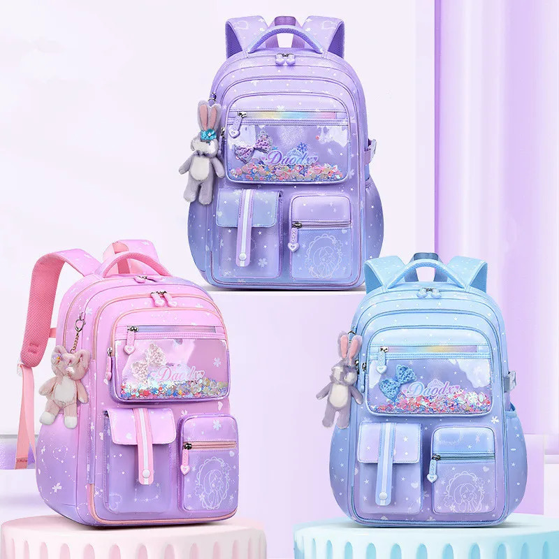 Primary Bow Knot Schoolbag With Rabbit Pendant For Girls Orthopaedics Kids Backpack Kawaii Waterproof School bag Nylon Backpacks 240621