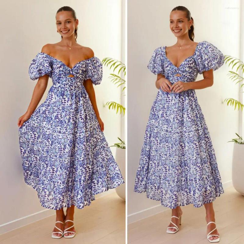 Casual Dresses V-neck Summer Dress Women All-over Print Colorful Bubble Sleeve Maxi With Off-shoulder Design Pleated Hem