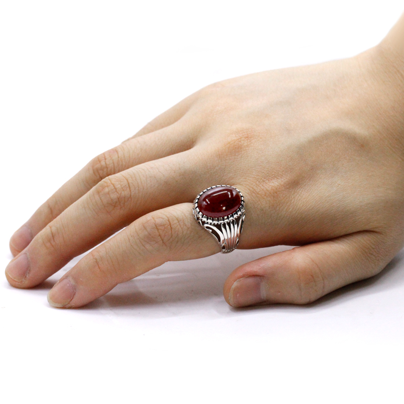 Natural Agate Ring for Men 925 Sterling Silver with Big Red Stone Vintage Rings Hollow Design for Male Women Thai Silver Jewelry