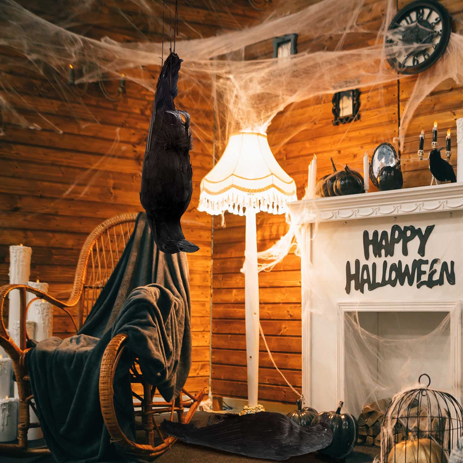 1Pc Gaint Realistic Hanging Dead Crows Decoy Lifesize Black Feathered Crow for Indoor Outdoor Garden Halloween Party Decoration